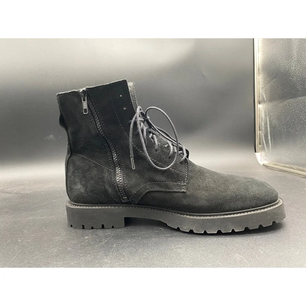 Zara Man Black Suede‎ Lace Up Side Zip Combat Boots Lug Sole Size 43 Mens 10